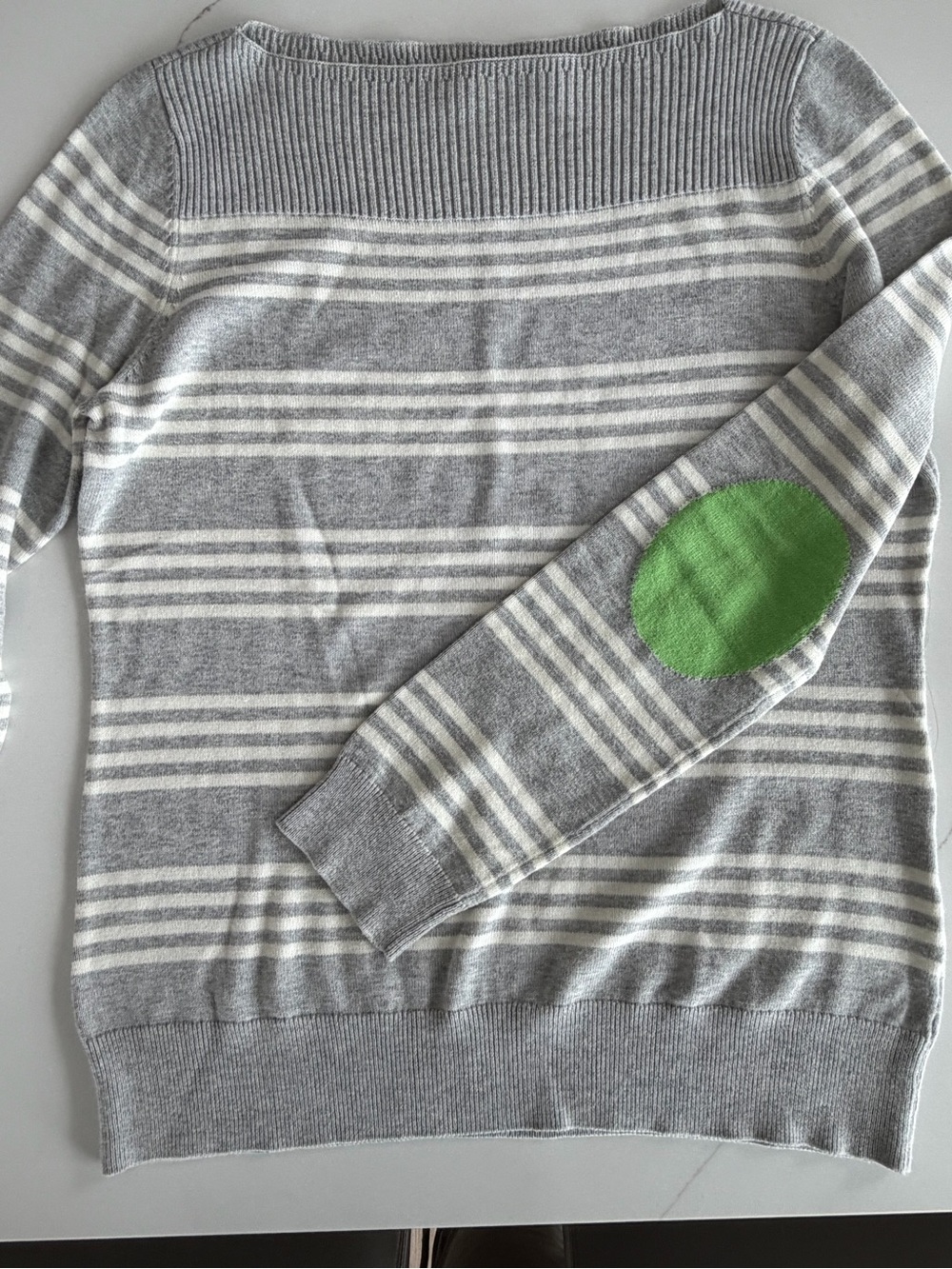 Grey & white stripped crew neck sweater with lime green elbow detail size L